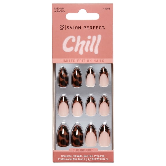 Salon Perfect Fall, Halloween, Artificial Fake Press On Nails, Chill, 539 Tortoise Shell, Medium Almond, File, Glue and Prep Pad Included, 30 Nails