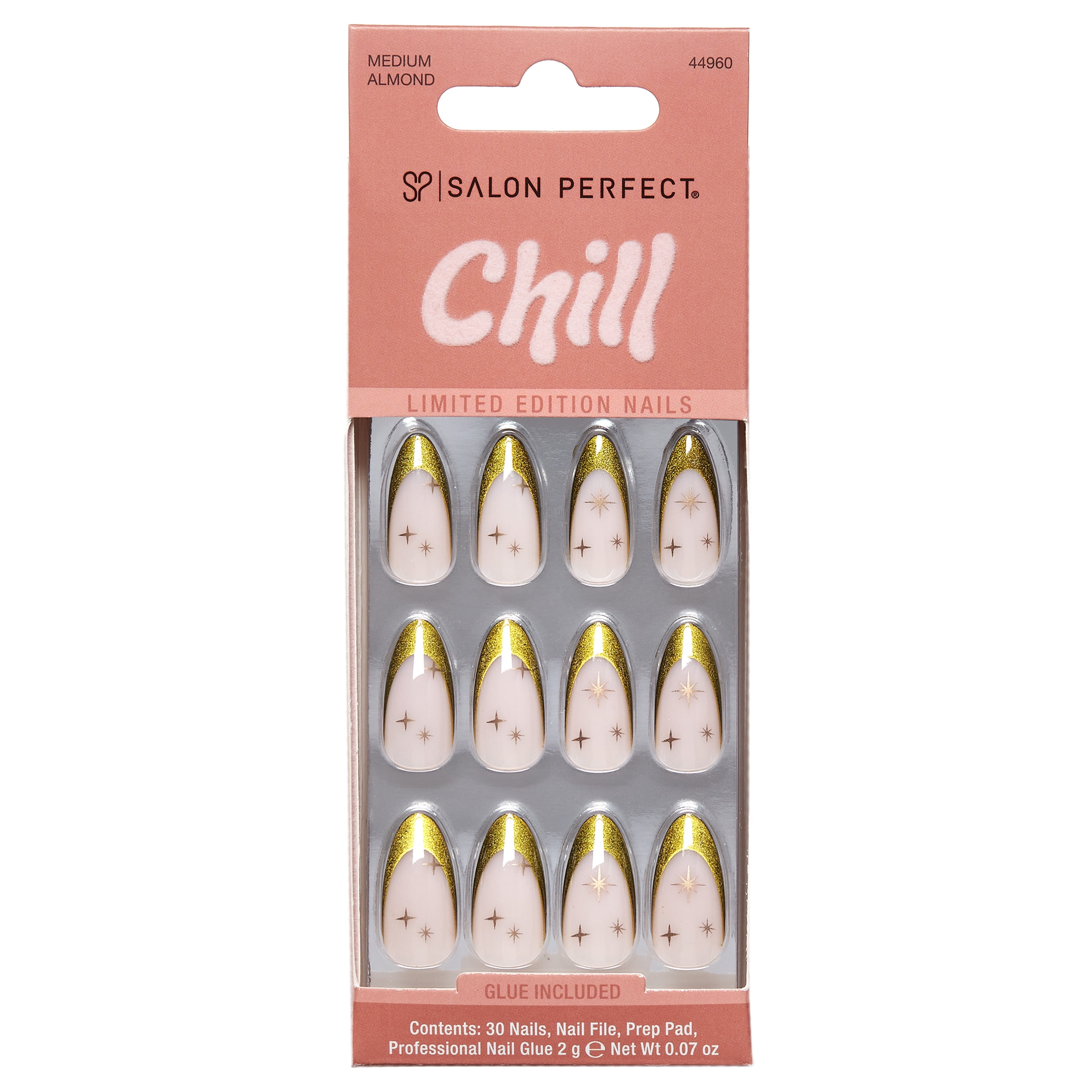 Salon Perfect Halloween Chill Medium Almond Press-On Nails with Glue & File, Green French, 30 Pieces
