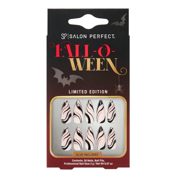 Salon Perfect Falloween Press On Nails, 317 Black Swirl Stiletto, File & Glue Included, 30 Nails
