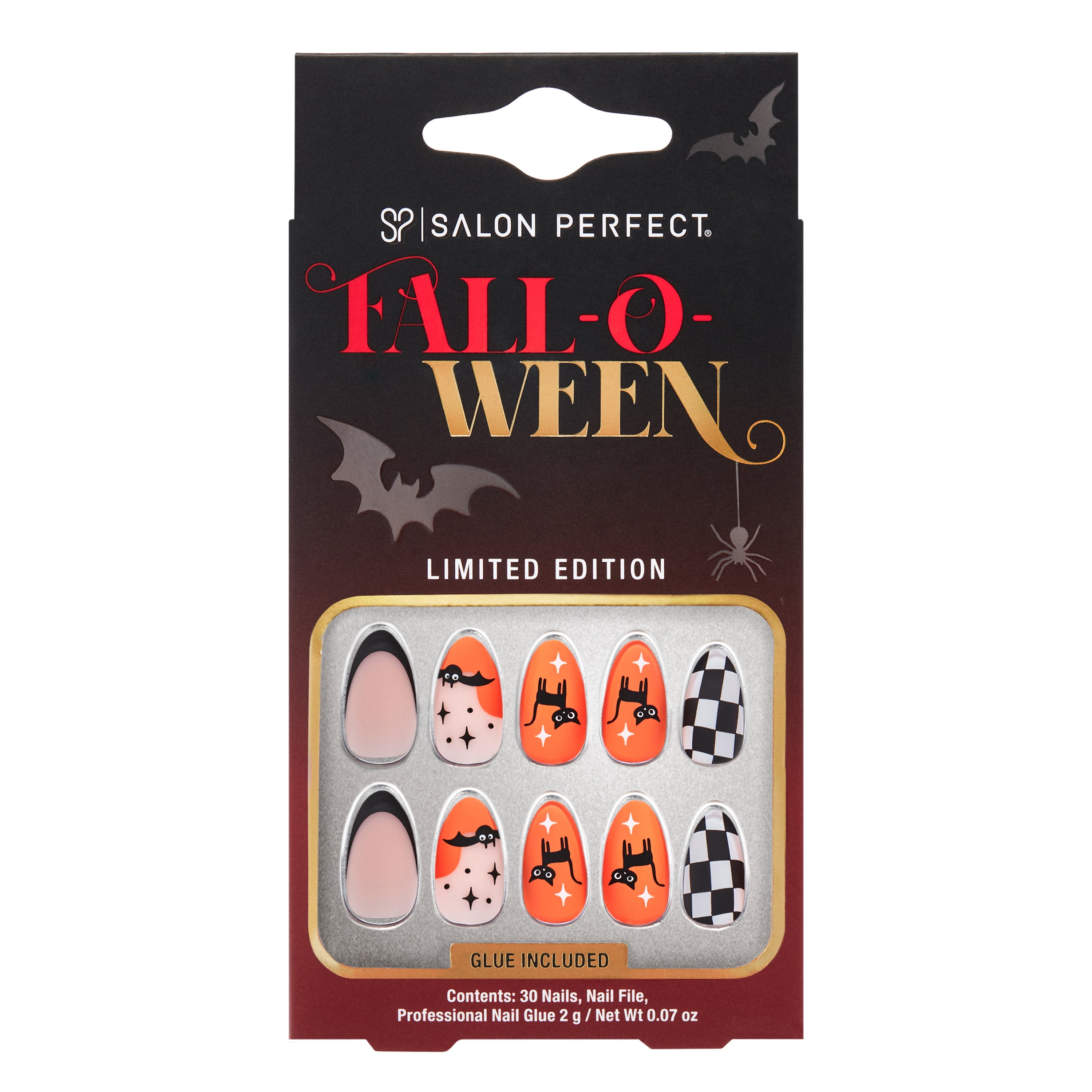 Salon Perfect Falloween Press On Nails, 329 Matte Checkered Cat, File & Glue Included, 30 Nails