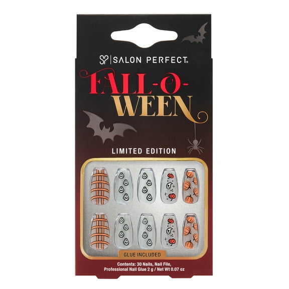 Salon Perfect Falloween Press On Nails, 331 Pumpkin Ghost Design, File & Glue Included, 30 Nails