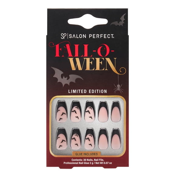 Salon Perfect Falloween Press On Nails, 334 Matte Black French Bats, File & Glue Included, 30 Nails