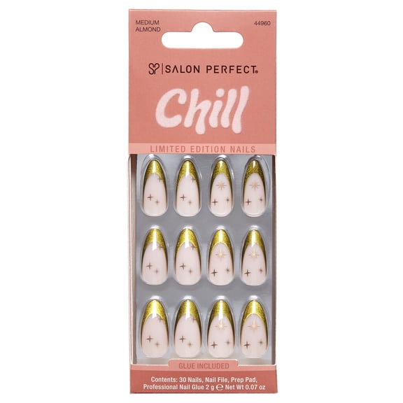 Salon Perfect Halloween Chill Medium Almond Press-On Nails with Glue & File, Green French, 30 Pieces