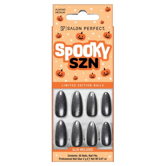 Salon Perfect Halloween Fall Artificial Fake Press On Nails, 393 Magnetic Holographic Green, Medium Almond, File, Glue and Prep Pad Included, 30 Nails