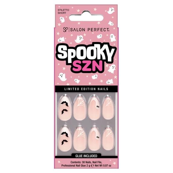 Salon Perfect Halloween Fall Artificial Fake Press On Nails, 397 White Ghost French Bats, Short Almond, File, Glue and Prep Pad Included, 30 Nails