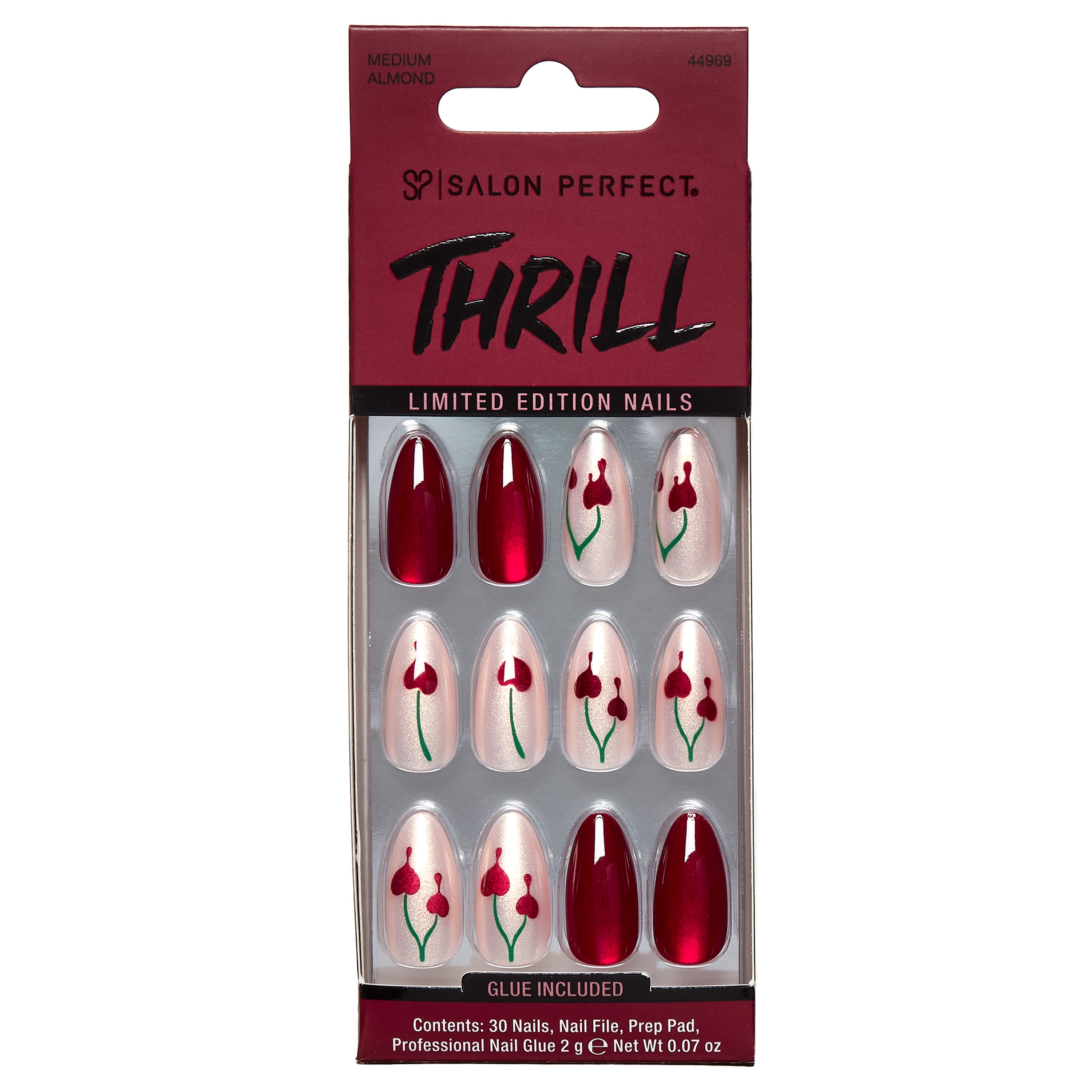 Salon Perfect Halloween Thrill Medium Almond Press-On Nails with Glue & File, Cherry, 30 Pieces