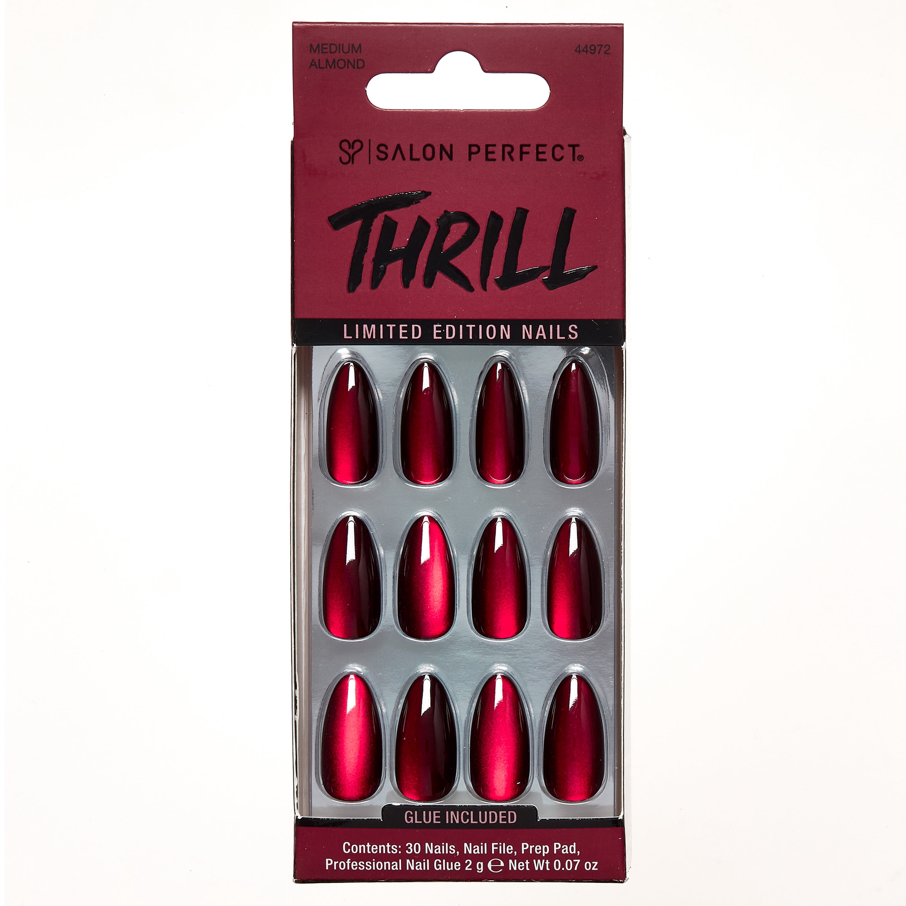 Salon Perfect Halloween Thrill Medium Almond Press-On Nails with Glue & File, Magnetic Red, 30 Pieces