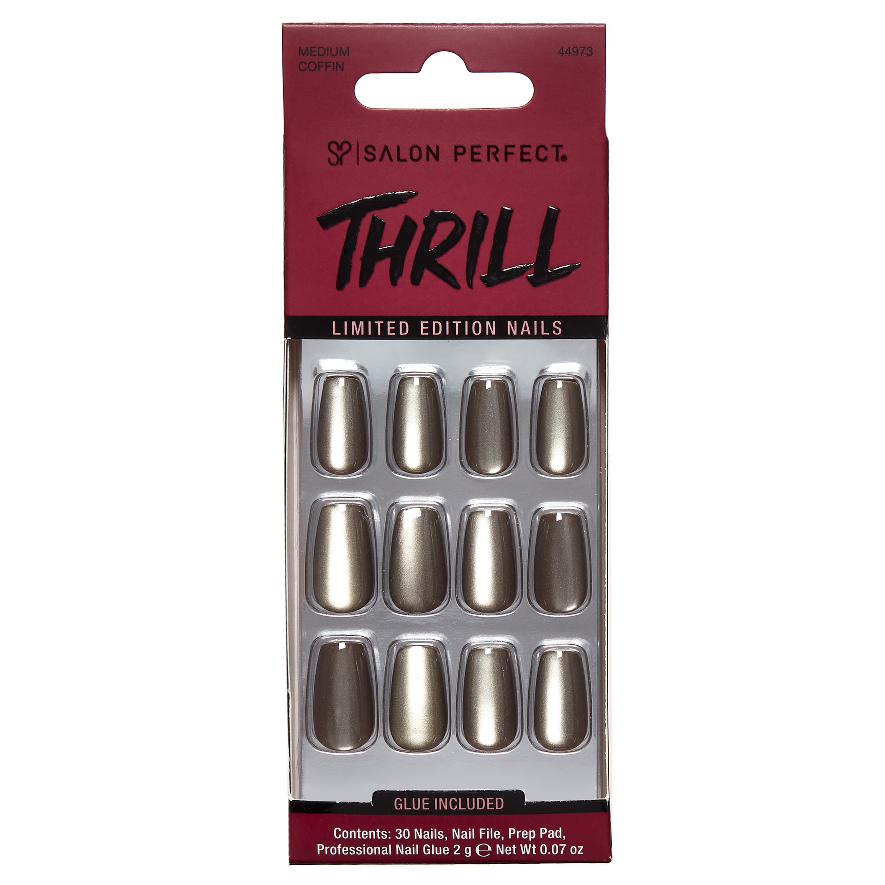Salon Perfect Halloween Thrill Medium Coffin Press-On Nails with Glue & File, Magnetic Black, 30 Pieces