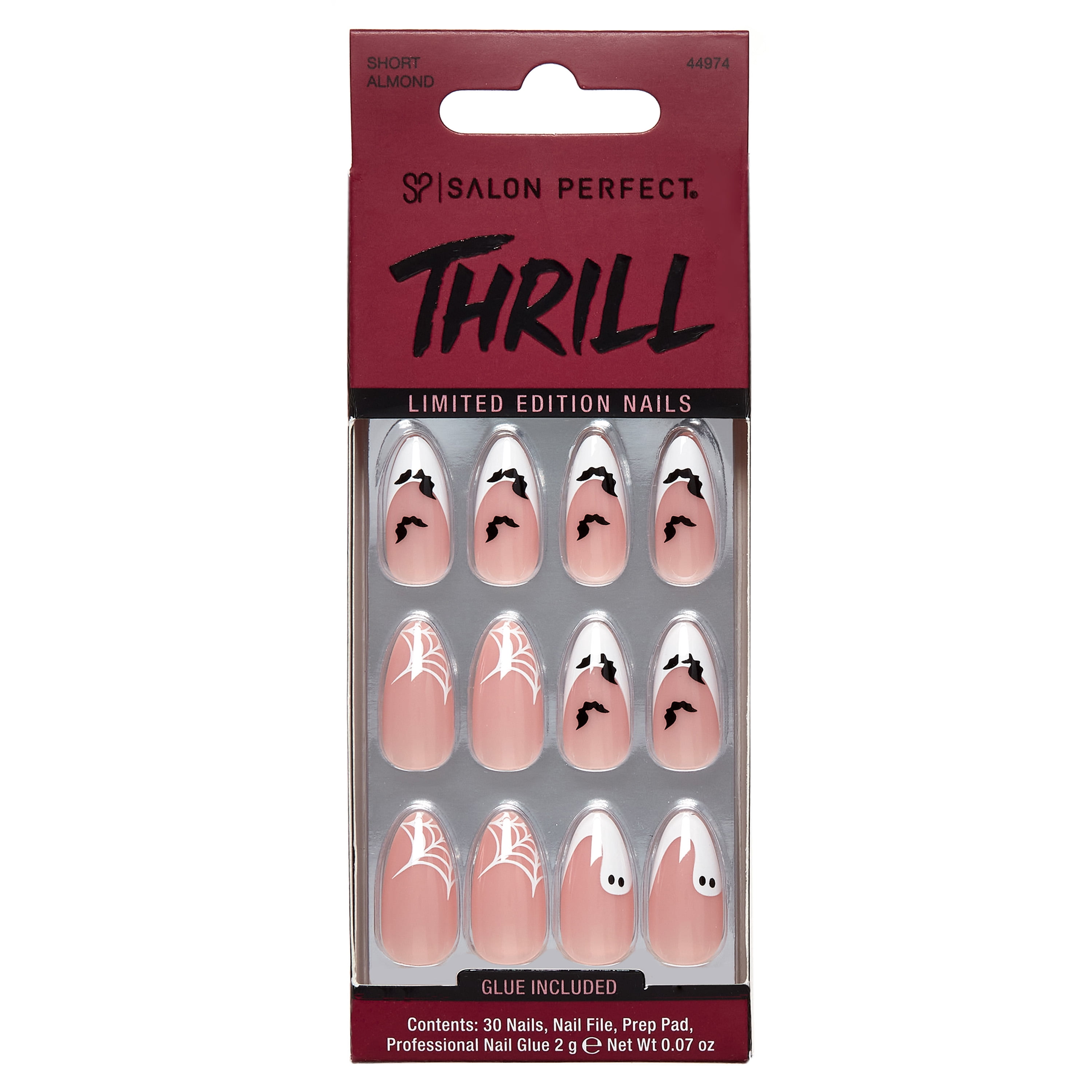 Salon Perfect Halloween Thrill Short Almond Press-On Nails with Glue & File, White Ghost, 30 Pieces