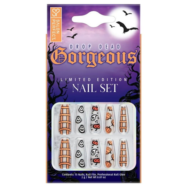 Salon Perfect Halloween Press On Nails, 226 Orange Pumpkin Coffin Fake