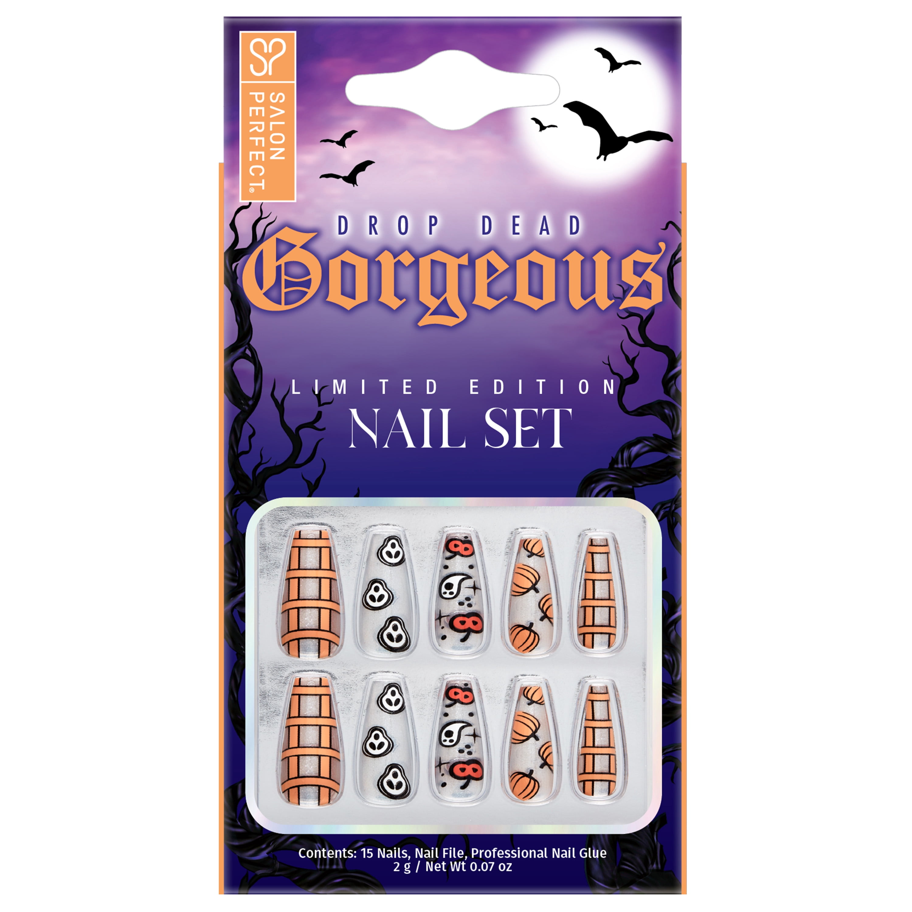 Salon Perfect Halloween Press On Nails, 226 Orange Pumpkin Coffin Fake Nail Kit, 15 Nails
