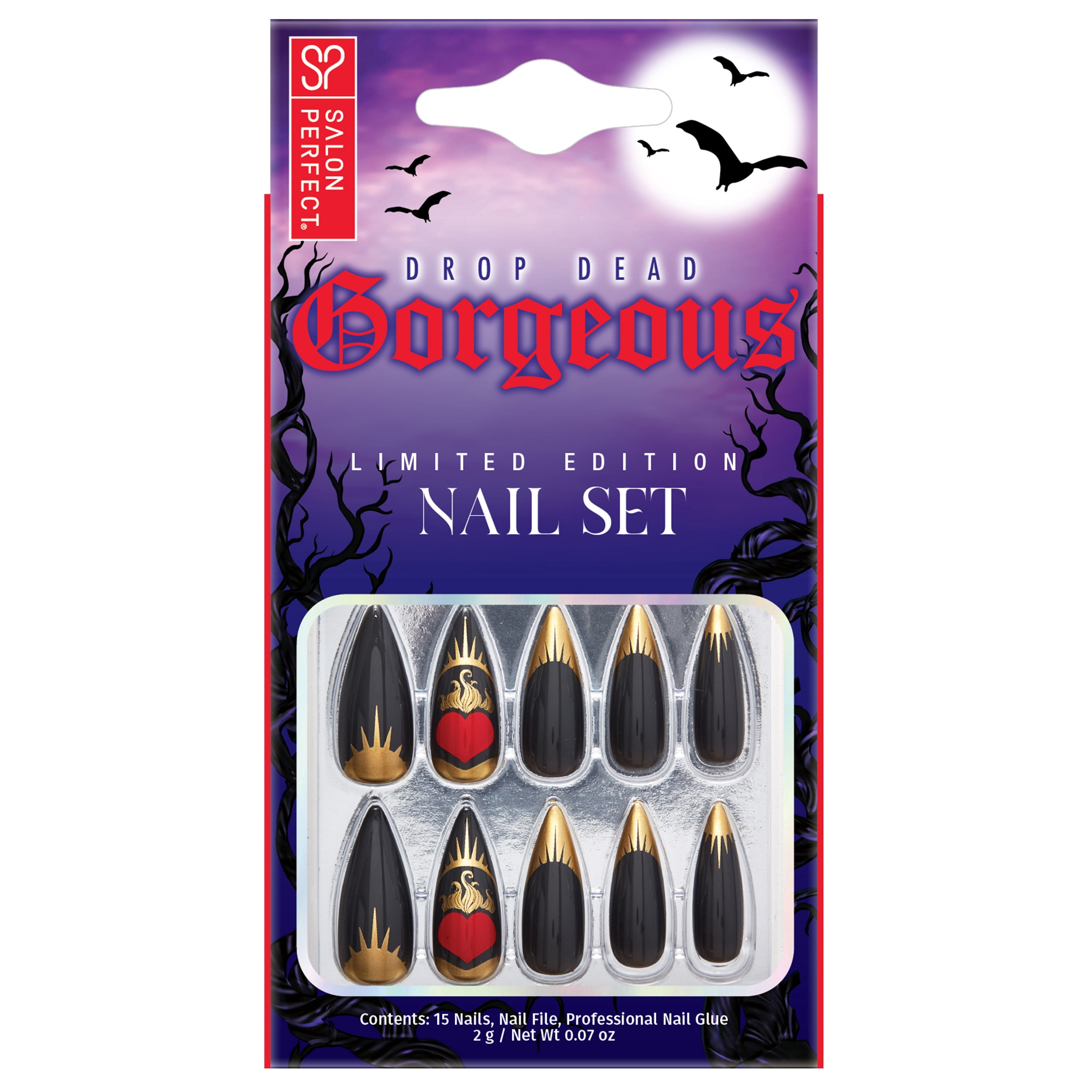 Salon Perfect Halloween Press On Nails, 232 Black Gold Heart Stiletto, 15 Nails