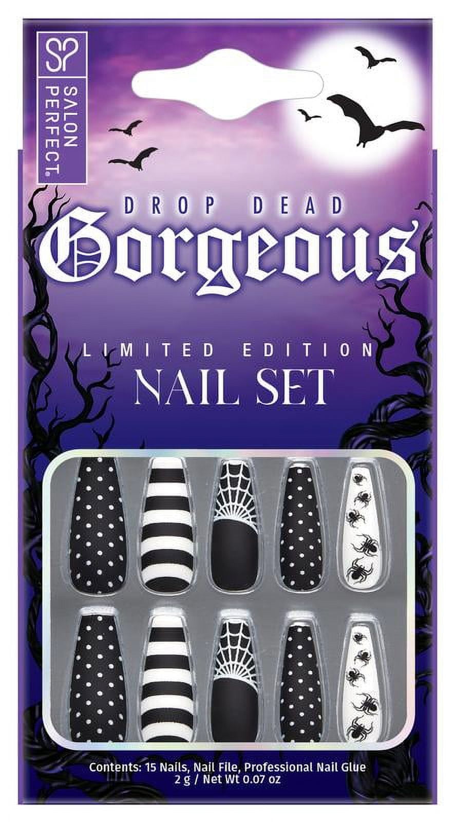 Salon Perfect Halloween Press On Nails, 235 Matte Black White Spider Fake Nail Kit, 15 Nails