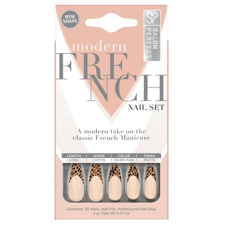 Salon Perfect Modern French Cheetah Nail Set, File & Glue Included, 30 Pieces