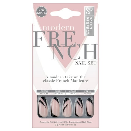 Salon Perfect Modern French Press On Nails, Black Swirl Fake Nail Kit, 30 Pieces