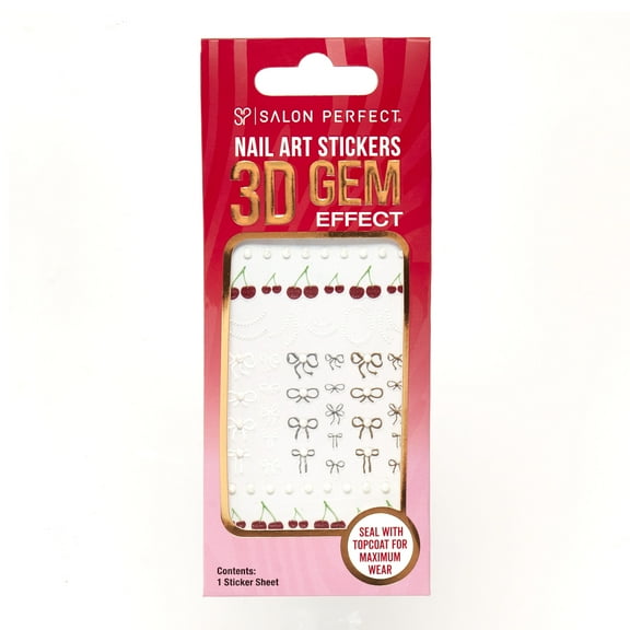 Salon Perfect Nail Art Stickers, 3D Gel Effect, Bows, Pearls, Cherries, 1 Sticker Sheet