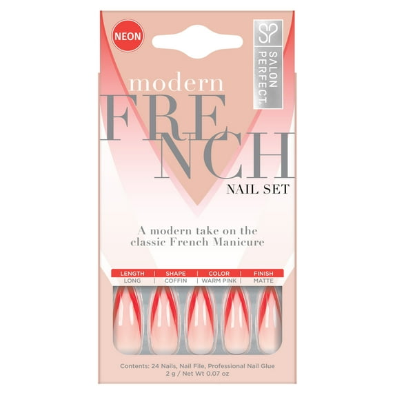 Salon Perfect Neon Modern French Orange Tip Nail Set, 24 Pieces