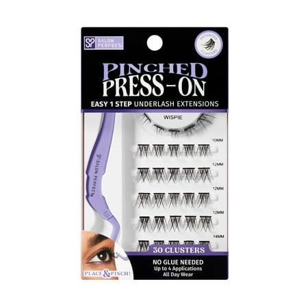 Salon Perfect Pinched Press On Pre-Glued Underlash Fake Lashes False Eyelash Extensions Kit, Wispie, Black, 30 Clusters