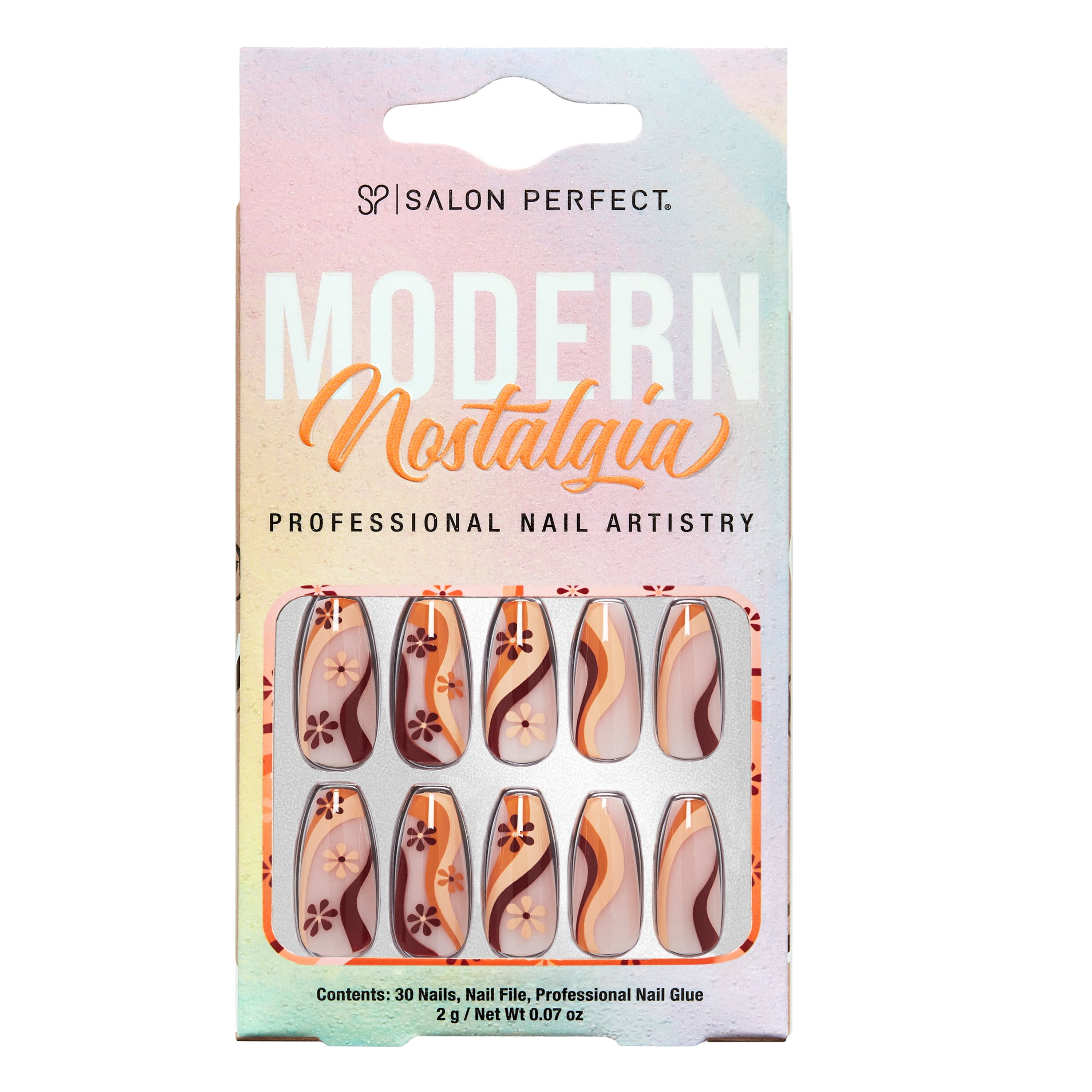 Salon Perfect Press On Nails, 159 Modern Nostalgia Fake Nail Kit, Flower Swirl, File & Nail Glue Included, 30 Nails