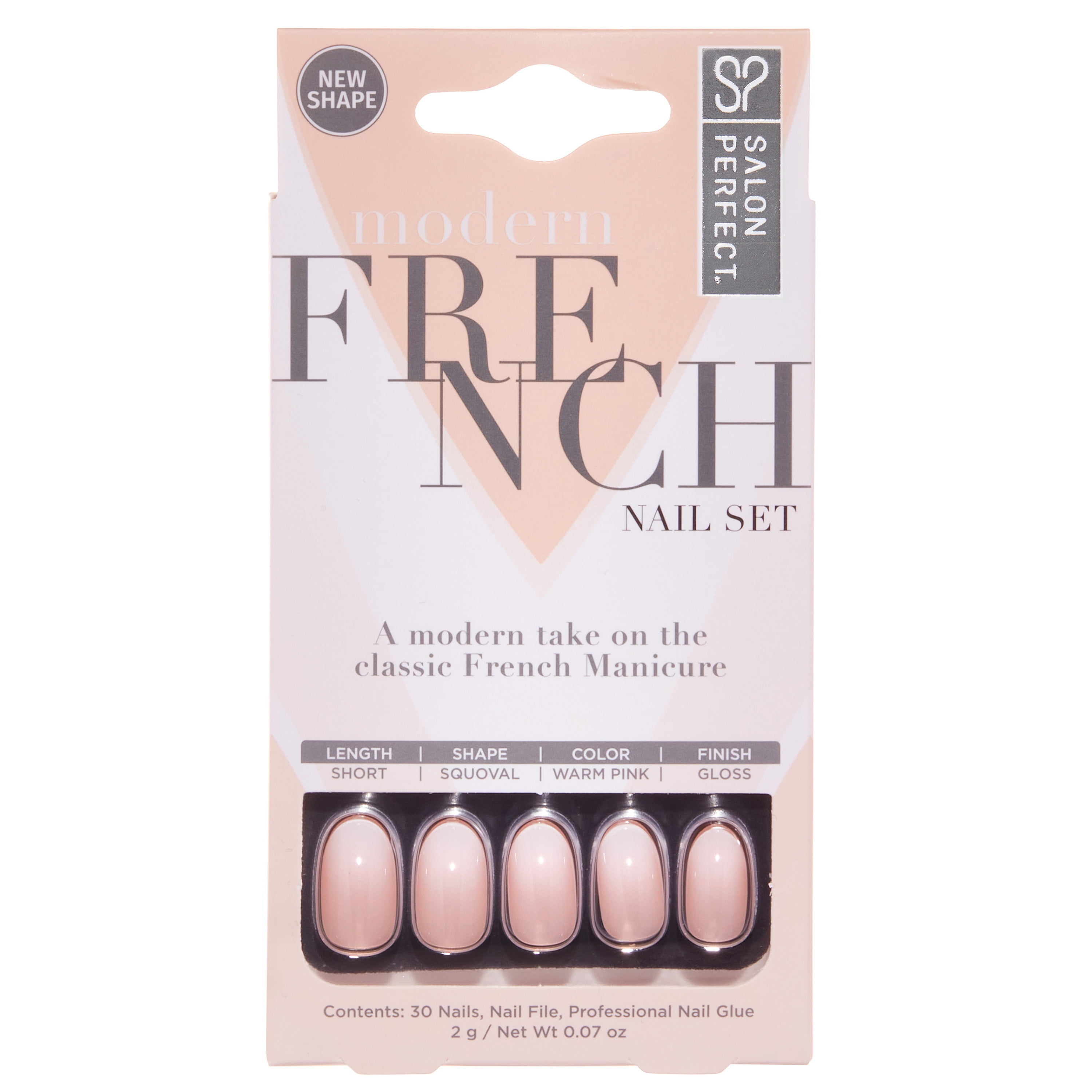 Salon Perfect Artificial Press On Nails, 178 Modern French Tip White Ombre Short Round, Glue On Fake Nails, File & Nail Glue Included, 30 Nails