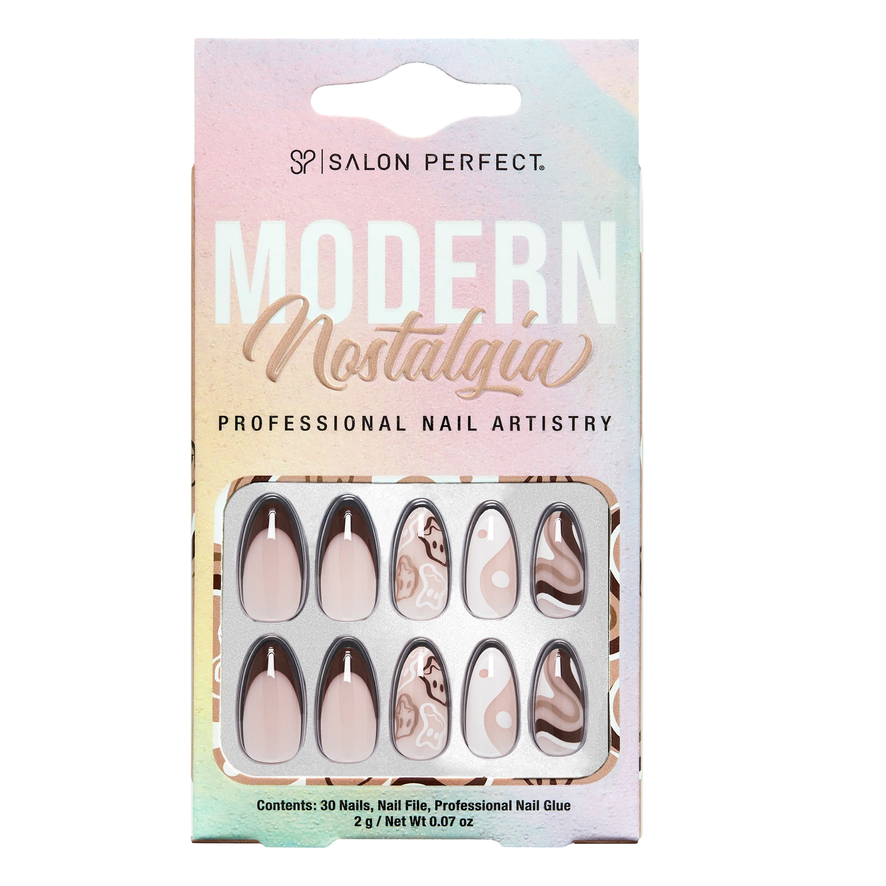 Salon Perfect Press On Nails, 249 Modern Nostalgia Fake Nail Kit, Brown Smiley Almond, File & Nail Glue Included, 30 Nails