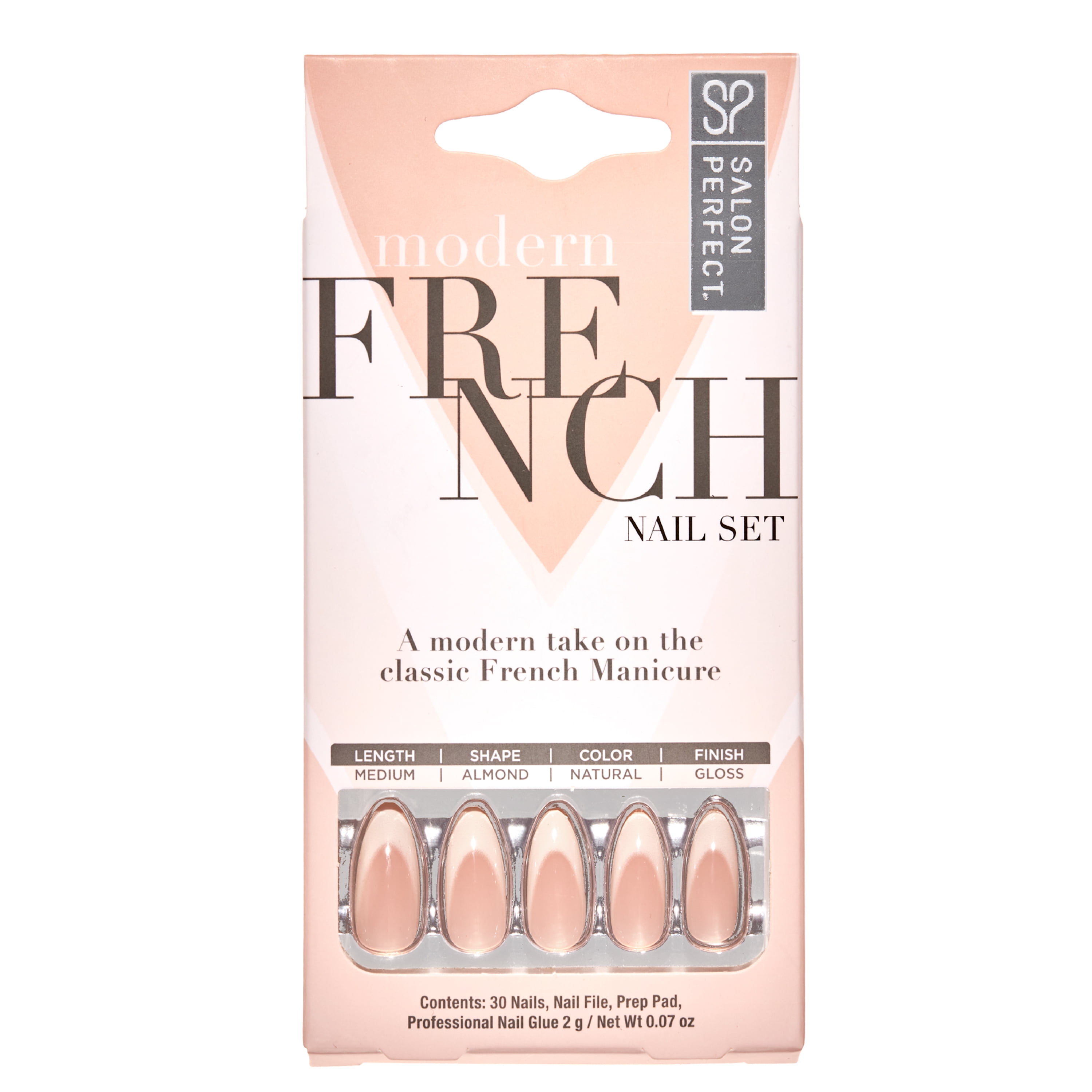 Salon Perfect Press on Nails, 251 Modern French Nude Fake Nail Kit, File & Nail Glue Included, 30 Nails