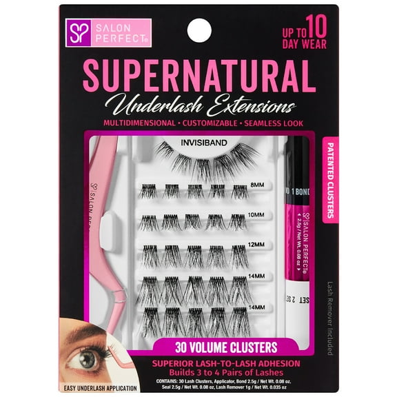Salon Perfect Supernatural False Underlash Extensions Starter Kit, Fake Eyelashes, Contains 30 Lash Clusters, Applicator, Bond & Seal, and Lash Remover