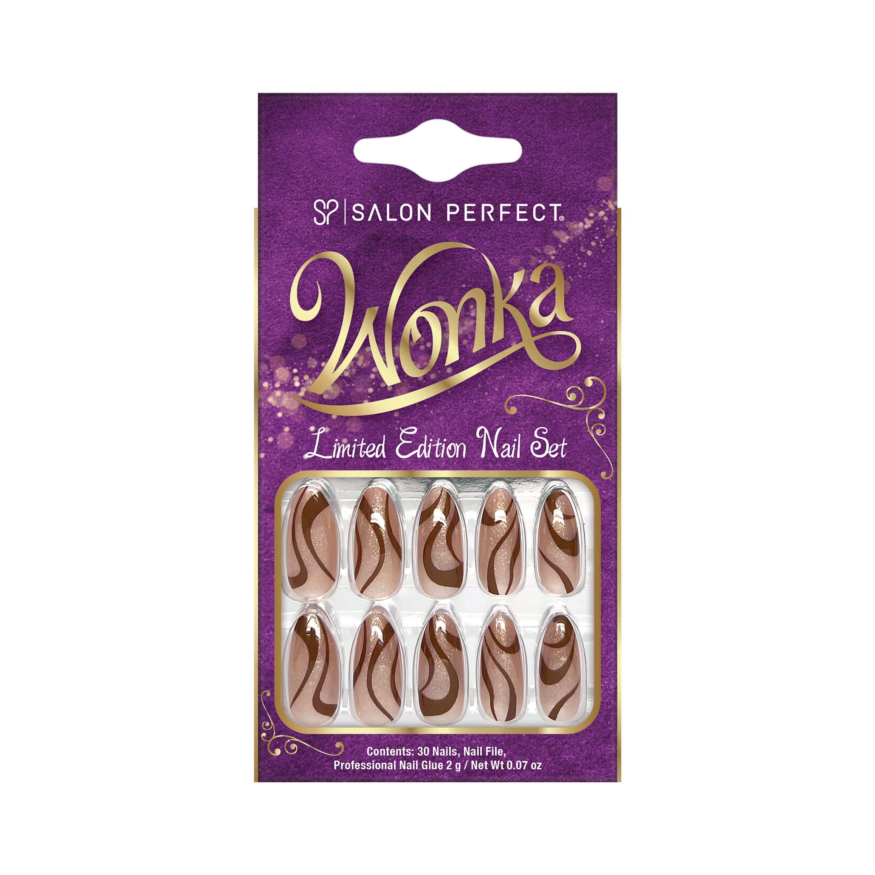 Salon Perfect Wonka Press On Nails 242 Nude Glitter Brown Swirl, File