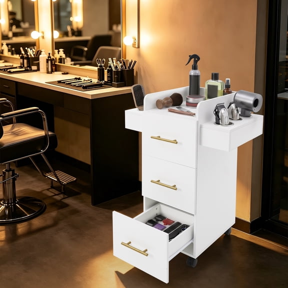 Salon Rolling Cart with 3 Drawers & 6 Hair Dryer Holders, Mobile Hairdressing Storage Trolley with Universal Wheels, Metal & Engineered Wood Salon Cart for Hair Salon Spa Home Styling