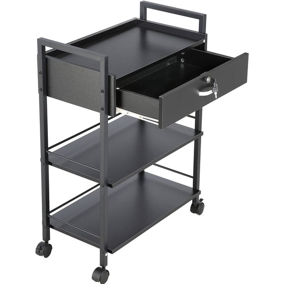 Salon Rolling Cart with 3-Tier Storage, Locking Drawer & Wheels, Portable Hair Stylist Station for Tattoo & Beauty Spa, MDF Cabinet