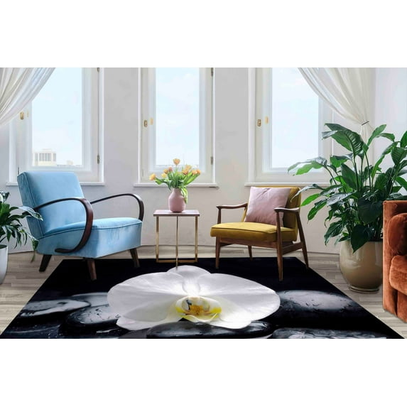 Salon Rug, Orchid Rug, Botanical Rugs, Orchid Rug Modern Rugs, Spa Stones And Orchid Rug, Black and White Rug, Gift Rug, Living Room Rug, 3.3'x9.2' - 100x280 cm