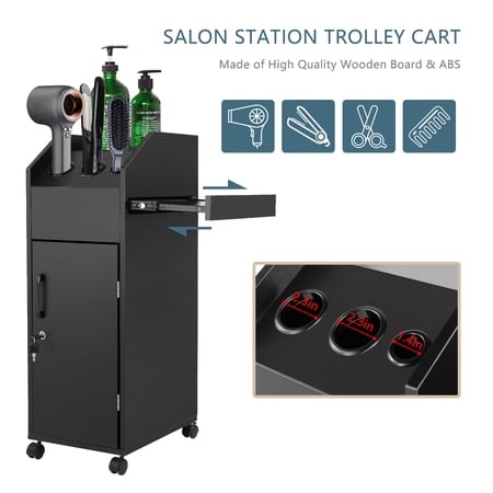 Salon SPA Beauty Rolling Trolley Cart, Storage Organizer with 4 Drawers Lockable, Hairdressing Tool Station Mobile Makeup Cases, Hair Salon Utility Cart w/Hairdryer Holder (Black)