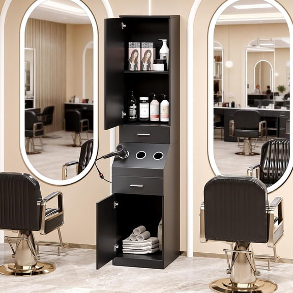 Salon Station Barber Cabinet with 2-Tier Shelf and 2 Drawers for Hair Styling Storage