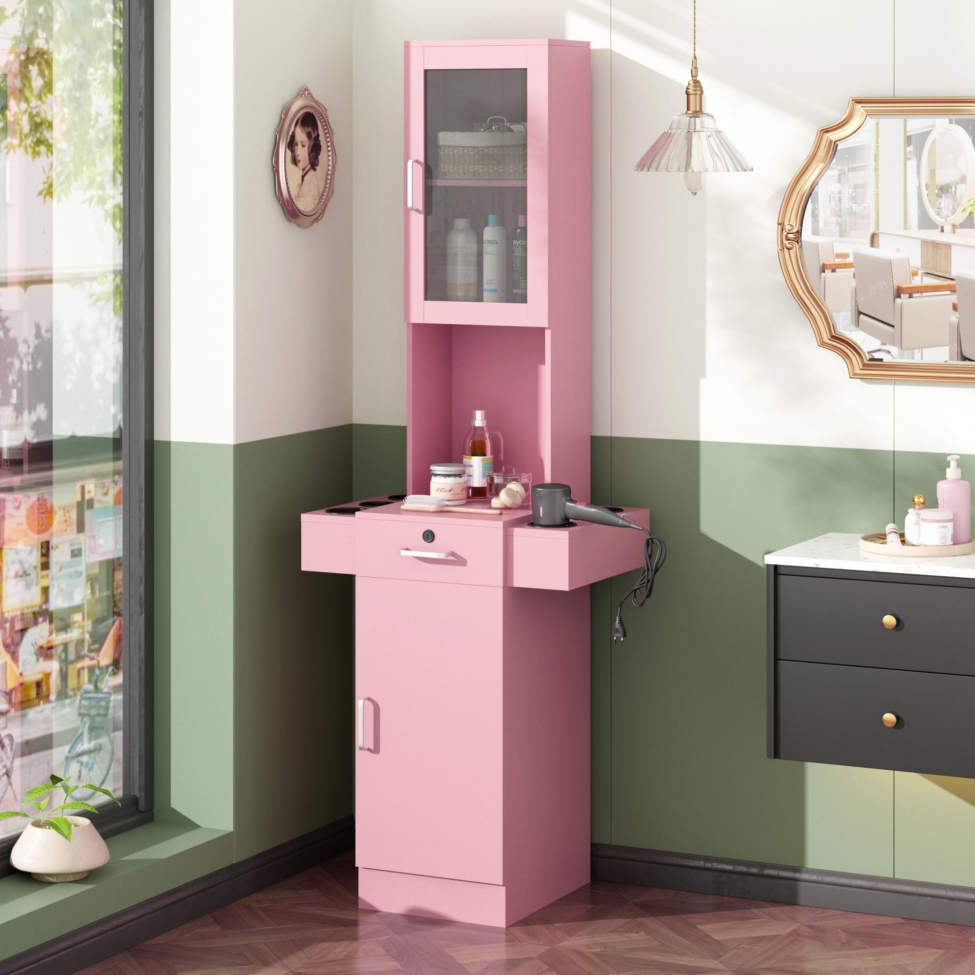 Salon Station for Hair Stylist,Hair Styling Organizer Equipment with Glass Door,Tool Dryer Holders, Salon Beauty Spa Barber Equipment, Pink