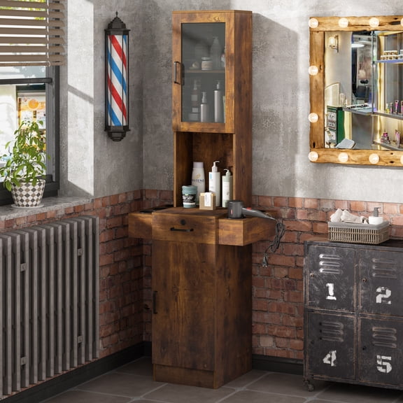 Salon Station for Hair Stylist,Hair Styling Organizer Equipment with Glass Door,Tool Dryer Holders, Salon Beauty Spa Barber Equipment, Rustic Brown