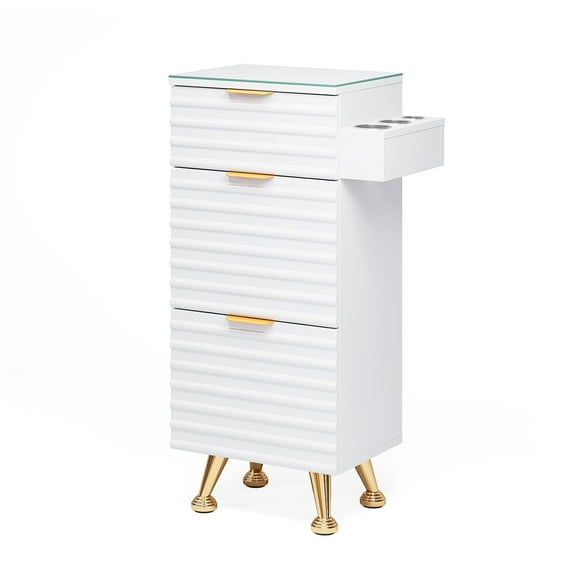 Salon Stations for Hair Stylist, Barber Station with Glass Top & Drawers & Hot Tool Holder, Salon Storage Cabinet Hair Organizer Equipment for Beauty Spa Dresser, White