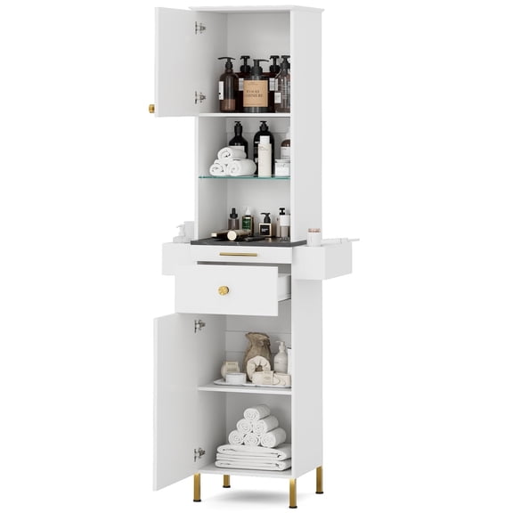 TTGIEET Salon Stations for Hair Stylist, Barber Station w/Glass Shelf, Spa Equipment w/6 Hair Dryer Holders, 2 Storage Cabinet & Drawers(White)