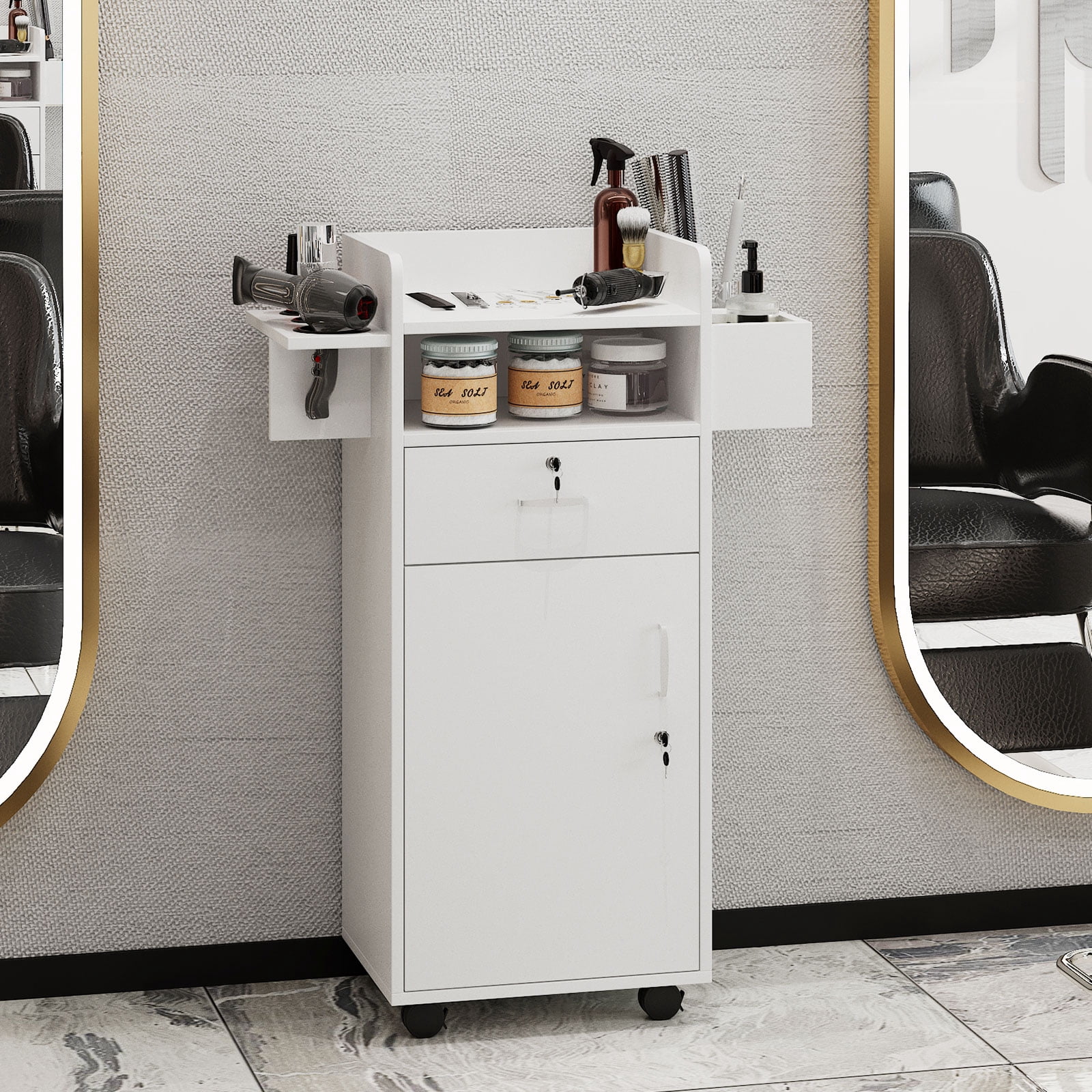 Salon Racks For Office Hironpal White Salon Station with Locking Drawers, 6 Tool Holders ...