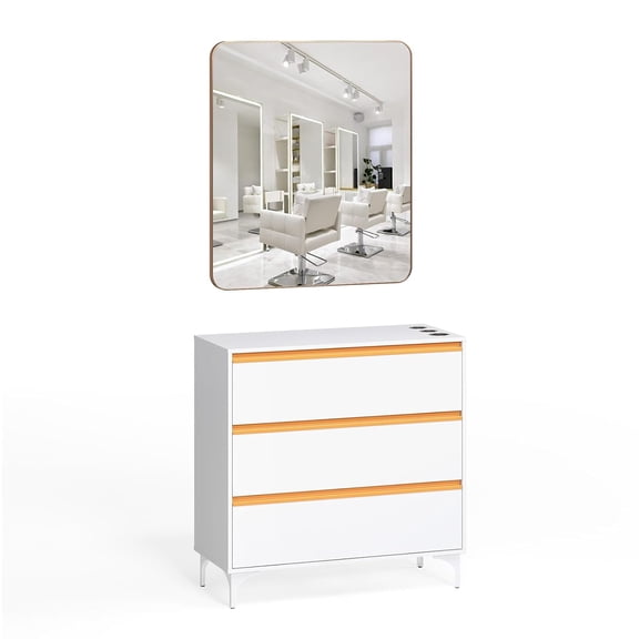 Salon Stations for Hair Stylist, Wall Mount Barber Station, Professional Styling Station with Mirror & Drawers & Hair Dryer Holders, Storage Cabinet for Beauty Spa Dresser, White