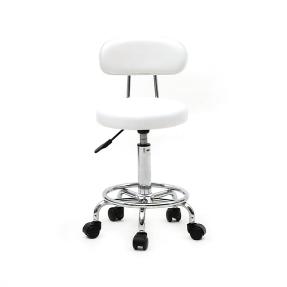 Salon Stool Round Shape Adjustable with Back and Line, White