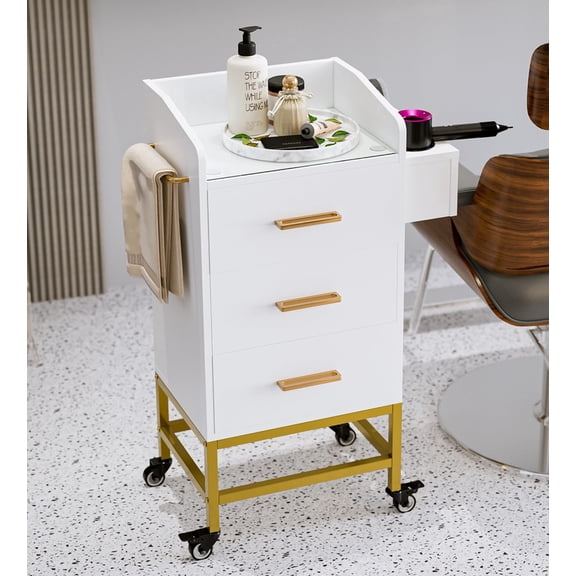 Salon Storage Trolley Cart with with Lockable Wheels, Beauty Rolling Hair Cart with Drawers& Dryer Holder, Salon Stations Cabinet for Beauty Spa Barbershop (White)