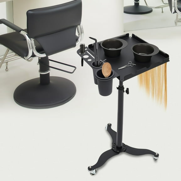 Salon Tray with 2 Bowls for Hair Stylist, Rolling Tray Cart Height Adjustable, Removable Hair Extension Tool Tray