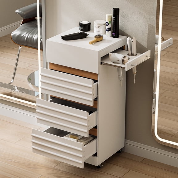 Salon Trolley Cart with Lockable Wheels, Rolling Hair Cart with 3 Dryer Holders for Hair Stylist, Wall Mount Makeup Organizer Stations Cabinet for Beauty Spa Barbershop Tattoo( White)