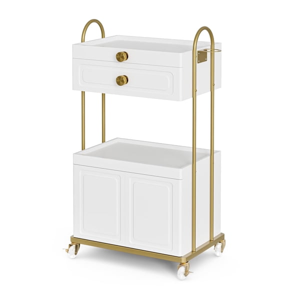 Salon Trolley Cart with Lockable Wheels, Beauty Station Cabinet with Drawer for Hair Stylist Makeup Tool Organizer, Spa Barbershop (White)