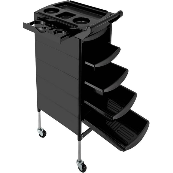 Salon Trolley Cart Salon Beauty Rolling Trolley Cart Hair Salon Storage Cabinet Barber Organizer Tool Multi Drawers Rolling Cart with Handle Rolling Wheels 5 Drawers & 2 Hair Dryer Holder Side Tray