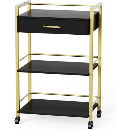 Salon Trolley Cart with Wheels, Esthetician Cart with 1 Drawer & 2 Trays, Mobile Storage Organizer for Beauty Spa Massage Tattoo Esthetic Facial Tool Holder Station, Black Gold