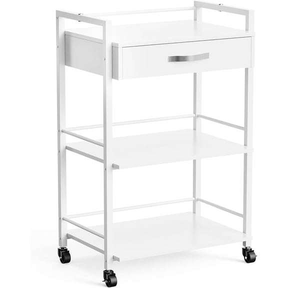Salon Trolley Cart with Wheels, Esthetician Cart with 1 Drawer & 2 Trays, Mobile Storage Organizer for Beauty Spa Massage Tattoo Esthetic Facial Tool Holder Station, White