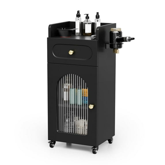 Salon Trolley Cart with Wheels, Hair Cart Mobile Storage Cabinet with Glass Door & Dryer Holder, Esthetician Cart Rolling Salon Station for Barber Beauty Spa Tattoo,Black