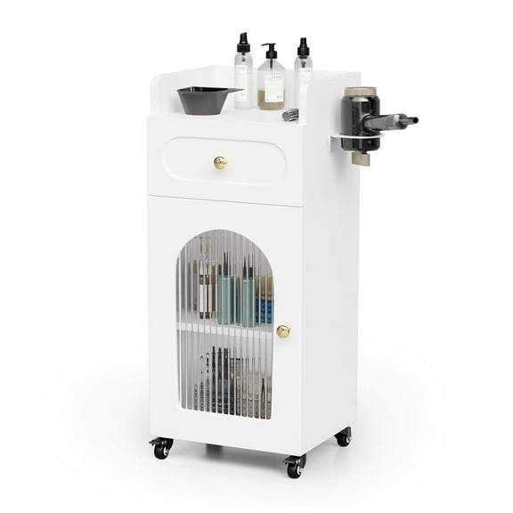 Salon Trolley Cart with Wheels, Hair Cart Mobile Storage Cabinet with Glass Door & Dryer Holder, Esthetician Cart Rolling Salon Station for Barber Beauty Spa Tattoo,Whitew