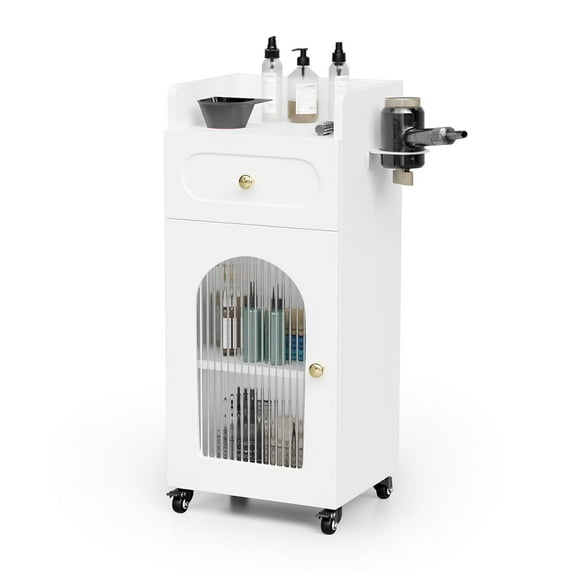 Salon Trolley Cart with Wheels, Hair Cart Mobile Storage Cabinet with Glass Door & Dryer Holder, Esthetician Cart Rolling Salon Station for Barber Beauty Spa Tattoo,Whitew